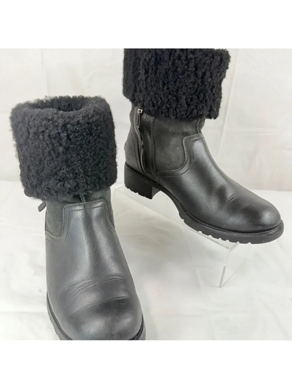 UGG Black Bellevue 1914 Leather Shearling Zip Fold Over Moto Boots Sz 6